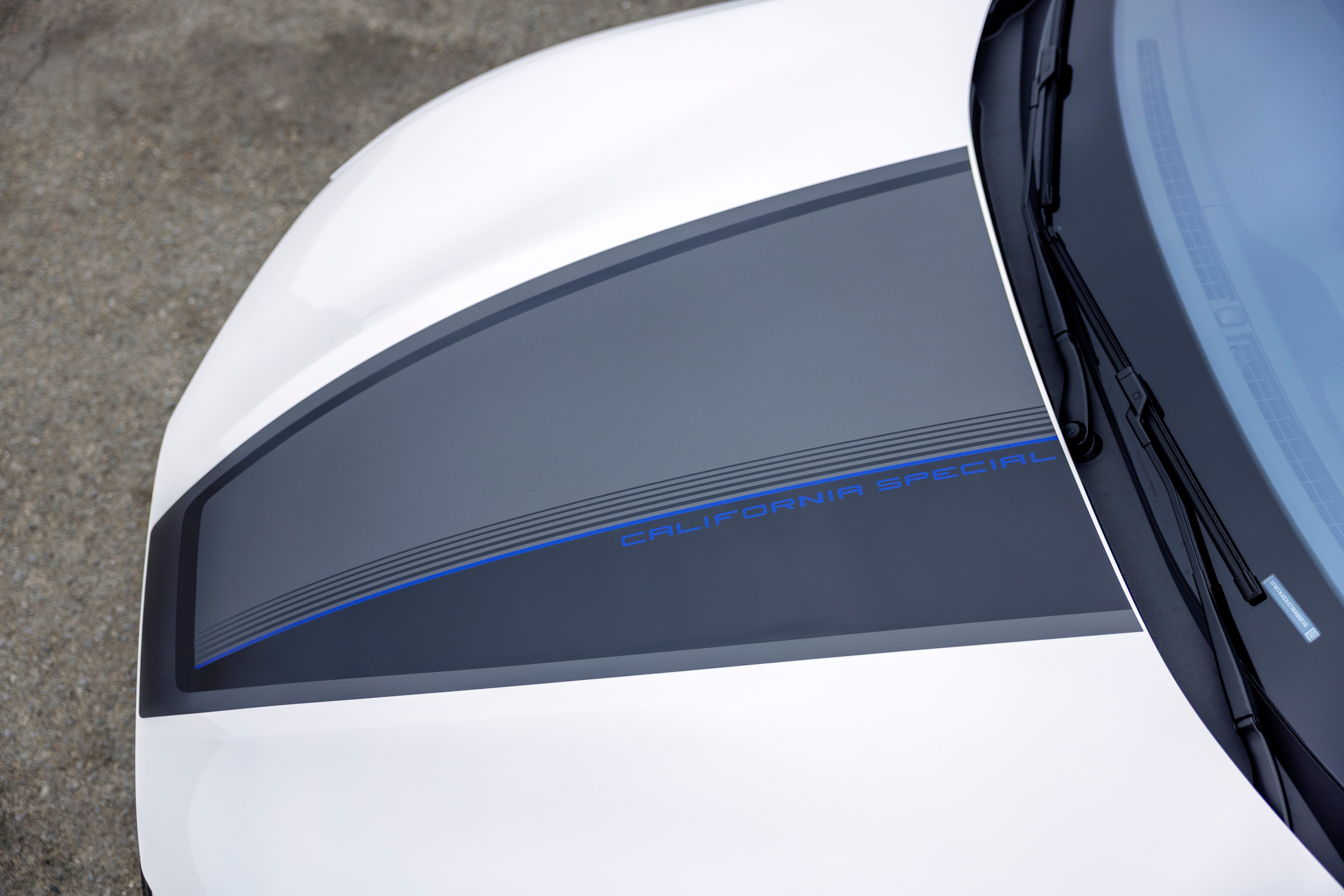Detail shot of the hood of a white Mustang Mach-E with black down the middle and a blue stripe down the middle of that.